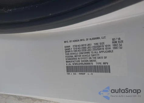 2018 Honda Odyssey Elite z USA, uszkodzony, nr VIN 5FNRL6H95JB088616